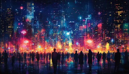 Aufkleber - Crowd of people connected through a network of lines and symbols