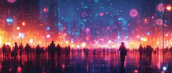 Aufkleber - Impressive view of a diverse crowd connected by data streams