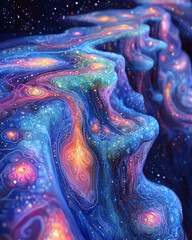 Wall Mural - Deep sea currents in a cosmic setting, vivid colors swirl in a hypnotic underwater dance