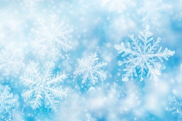Wall Mural - close-up of delicate white snowflakes intricately patterned against a vibrant blue backdrop.