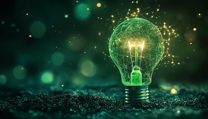 Stylized image of a glowing green ecolightbulb against a dark background