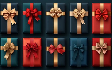 A set of colorful gift boxes with bows and ribbons, arranged in a festive display, vector illustration.