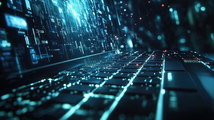 Wall Mural - futuristic digital interface above modern keyboard, illustrating advanced technology