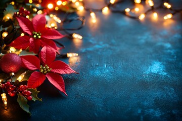 Wall Mural - A vibrant cluster of red poinsettias in full bloom, showcasing bright green leaves in a festive setting.