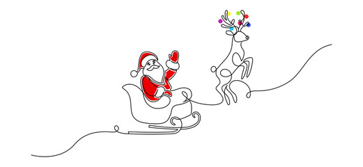 Poster - One continuous line drawing of christmas reindeer and Santa Claus. Wild animal deer with antlers is dynamic silhouette in simple linear style. Elegance editable stroke. Doodle vector illustration