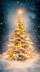 Wall Mural - Illuminated Christmas tree stands in a snowy landscape, adorned with twinkling lights at twilight.