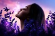 © Thanyarat - A peaceful watercolor scene of a woman taking a deep breath while standing in a field of lavender, with the colors of the flowers blending gently in the breeze