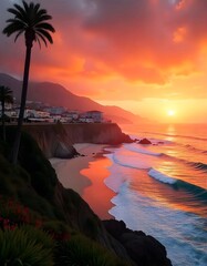 The town is a picturesque coastal village with a beach, palm trees, and a dramatic orange sunset sky. It is set on a cliff facing the ocean, and has a boardwalk and buildings along the shoreline.