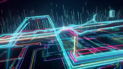 Data flow through lines and radial and digital paths in different colors in 4K video of Neon cyberspace or CPU