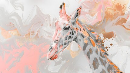 full body. gold threads and echoes, Giraffe looking sideways abstract representation, desaturated light and airy pink, gray and gold pastel color palette,white background organic forms. minimalism.