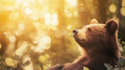 Wall Mural - bear cub looking up in forest sunlight