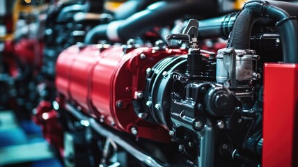 Close-up of large, complex machinery with red and black components in factory setting