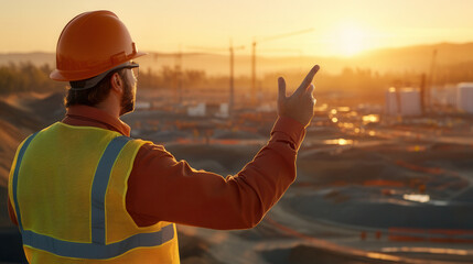 construction engineer in safety vest and hard hat gestures towards construction site at sunset, showcasing leadership and teamwork in dynamic environment