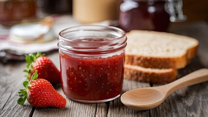 Jar of strawberry jam with fresh strawberries and bread on a wooden table.