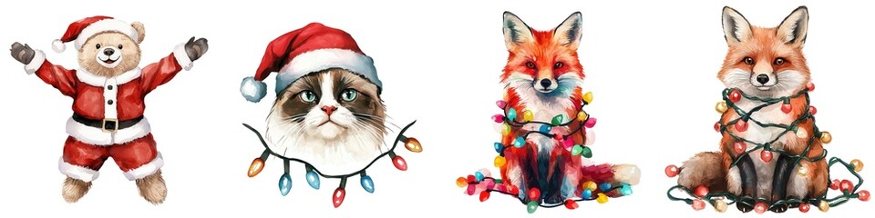 Whimsical holiday-themed illustrations featuring a joyful Santa, a grumpy cat, and two festive foxes adorned with Christmas lights.