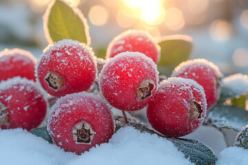 Wall Mural - Bright red winter berries dusted with frost on snow-covered bushes, set against a cold winter backdrop with soft sunlight filtering through.
