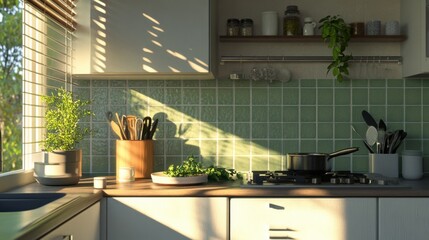 Bright Modern Kitchen with Natural Light and Green Tiles