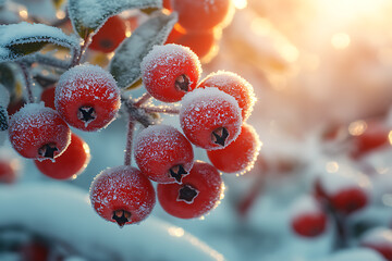 Wall Mural - Bright red winter berries dusted with frost on snow-covered bushes, set against a cold winter backdrop with soft sunlight filtering through.
