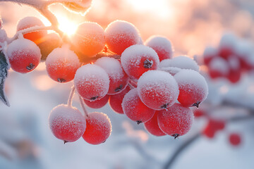 Wall Mural - Bright red winter berries dusted with frost on snow-covered bushes, set against a cold winter backdrop with soft sunlight filtering through.
