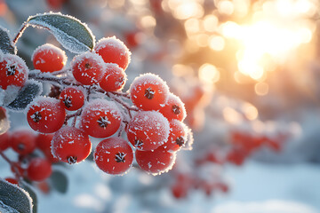 Wall Mural - Bright red winter berries dusted with frost on snow-covered bushes, set against a cold winter backdrop with soft sunlight filtering through.
