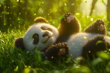 Wall Mural - A fluffy panda rolls playfully in lush green grass under soft natural light during a sunny day