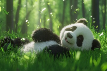 Wall Mural - A fluffy panda joyfully rolling in lush green grass beneath soft natural light in a serene forest setting