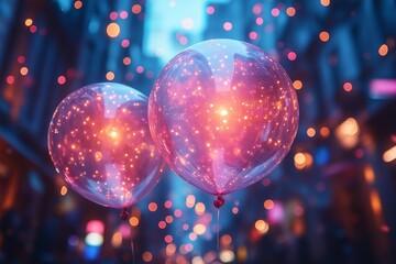 A pair of sparkly pink and gold balloons floating over a narrow city street at dusk