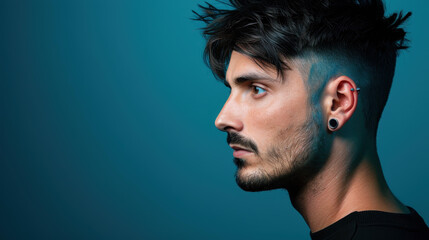 Poster - A striking portrait of a young man with piercings, illuminated by sunlight in a creative and minimalistic fashion setting.