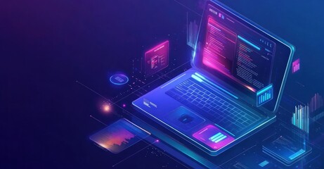 Laptop with glowing screen and code