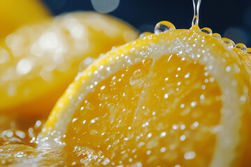 Juicy lemon slices glistening with liquid droplets against a blurred background in vibrant colors. Generative AI