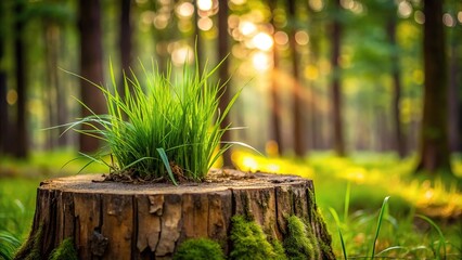 Grass on a tree stump with blurred background of vegetation