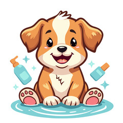 Poster - Bubble Bath Cartoon Dog in a Tub Against  