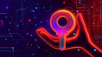 Wall Mural - Abstract Hand Lifting a Key in Neon Colors