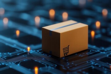 Cardboard box with shopping cart icon, isolated on a digital circuit background.