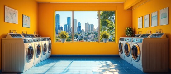 Sticker - Bright yellow laundry room with city view and rows of washing machines.