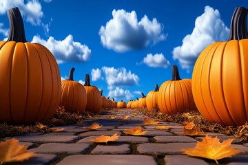 a 2d cartoon illustration of a pumpkin patch with colorful pumpkins autumn vibes white background