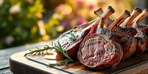 A close-up of succulent grilled lamb chops, resting on a wooden cutting board, with a sprig of rosemary nearby, bathed in warm light.