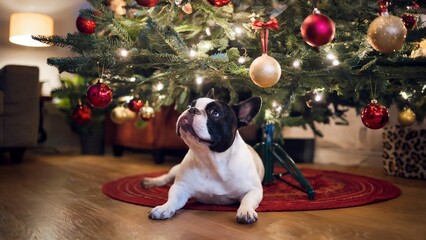 A French Bulldog lies on a red rug beneath a decorated Christmas tree, gazing upwards at ornaments. The tree is adorned with red and gold baubles and string lights.