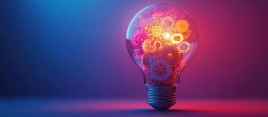 Wall Mural - light bulb filled with gears against a pink and blue gradient background.