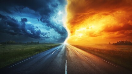 A road that splits in two, one path towards storm clouds and the other towards a golden sunset, decision making. generative ai