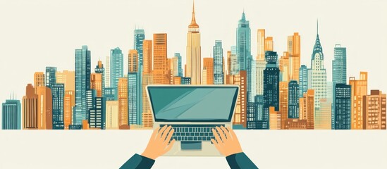 Wall Mural - person working on laptop computer with a city skyline in the background.