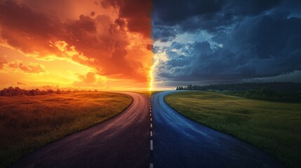 A road that splits in two, one path towards storm clouds and the other towards a golden sunset, decision making. generative ai