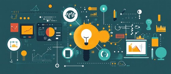 Wall Mural - abstract illustration of a light bulb with a network of connected icons representing innovation, cre