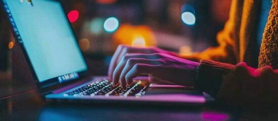 Wall Mural - person's hands typing on a laptop keyboard in a dimly lit room with blurred lights in the background