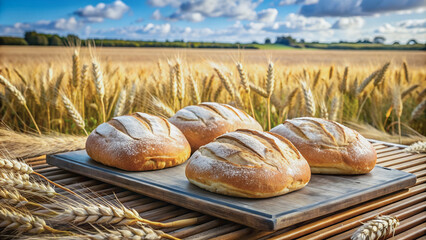 Four freshly baked loaves of bread against a golden wheat field and cloudy sky.