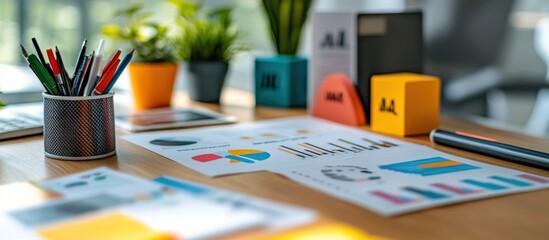 Wall Mural - a wooden desk with various office supplies, including a black pen holder filled with pens, a tablet,