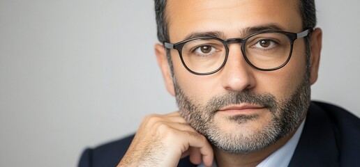 Wall Mural - Portrait of a thoughtful man in a suit and glasses, looking at the camera.