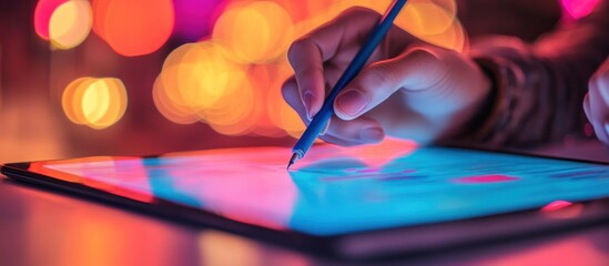 Wall Mural - a hand uses a stylus to draw on a digital tablet with colorful lights in the background.