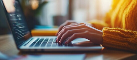 Wall Mural - close-up of female hands typing on a laptop keyboard.