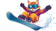 © Jhati - A playful cat snowboards joyfully down a snowy slope wearing blue goggles and an orange outfit